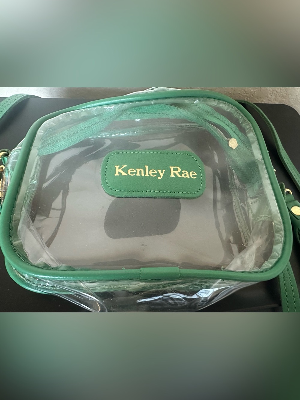Jon Hart Design Clear Crossbody with Emerald Green Trim and Gold Accents